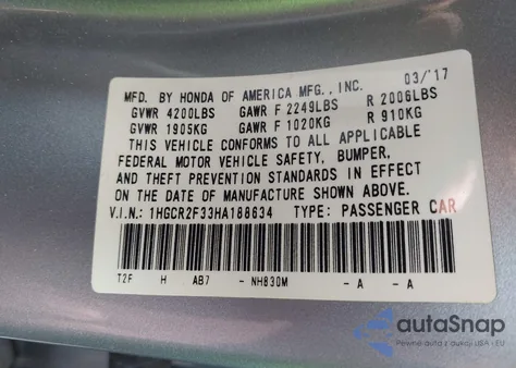 2017 Honda Accord Lx z USA, uszkodzony, nr VIN 1HGCR2F33HA188634